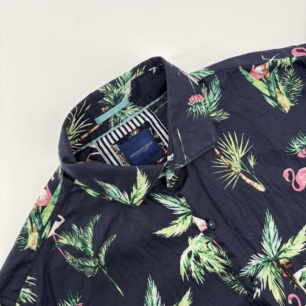 Denim & Flower Shirt‎ Men Large Black Pink Flamingo Ricky Singh Viscose Hawaiian